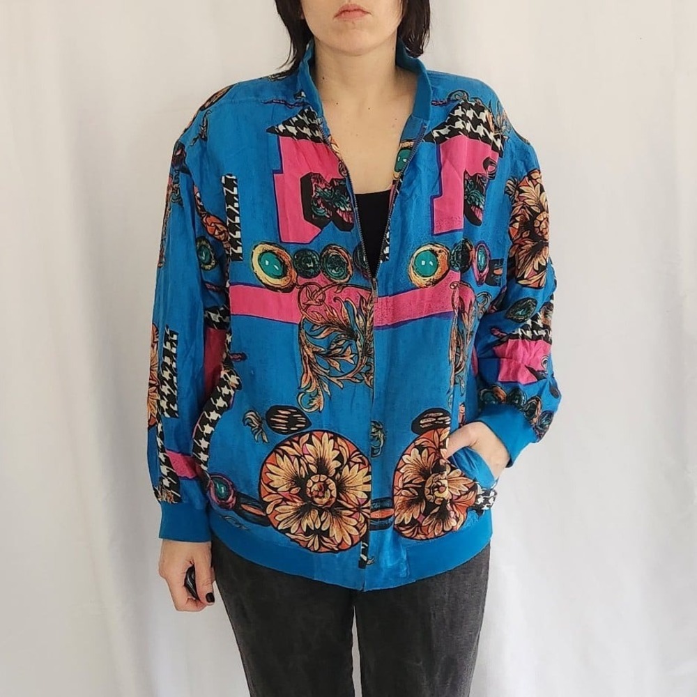 80s Blue and Pink Silk‎ Windbreaker